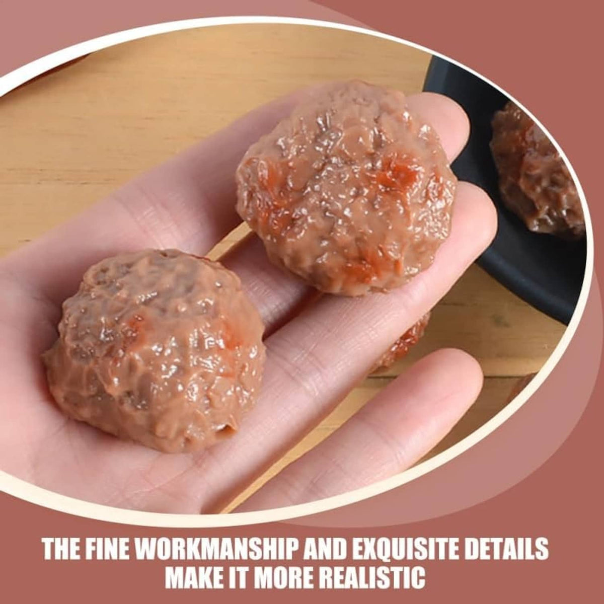 Artificial beef meatballs in brown, held in a hand with skewers nearby