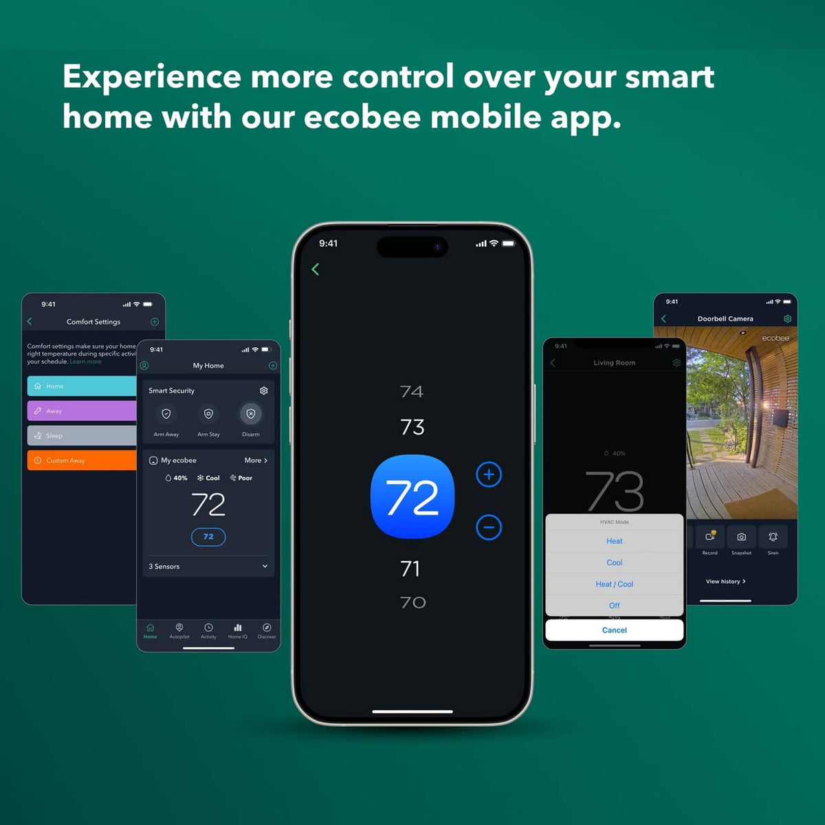Black smart thermostat with mobile app control screens on smartphones