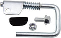 Spring-loaded retractable nail gun hanger with metal U hook, spring, and mounting bolt