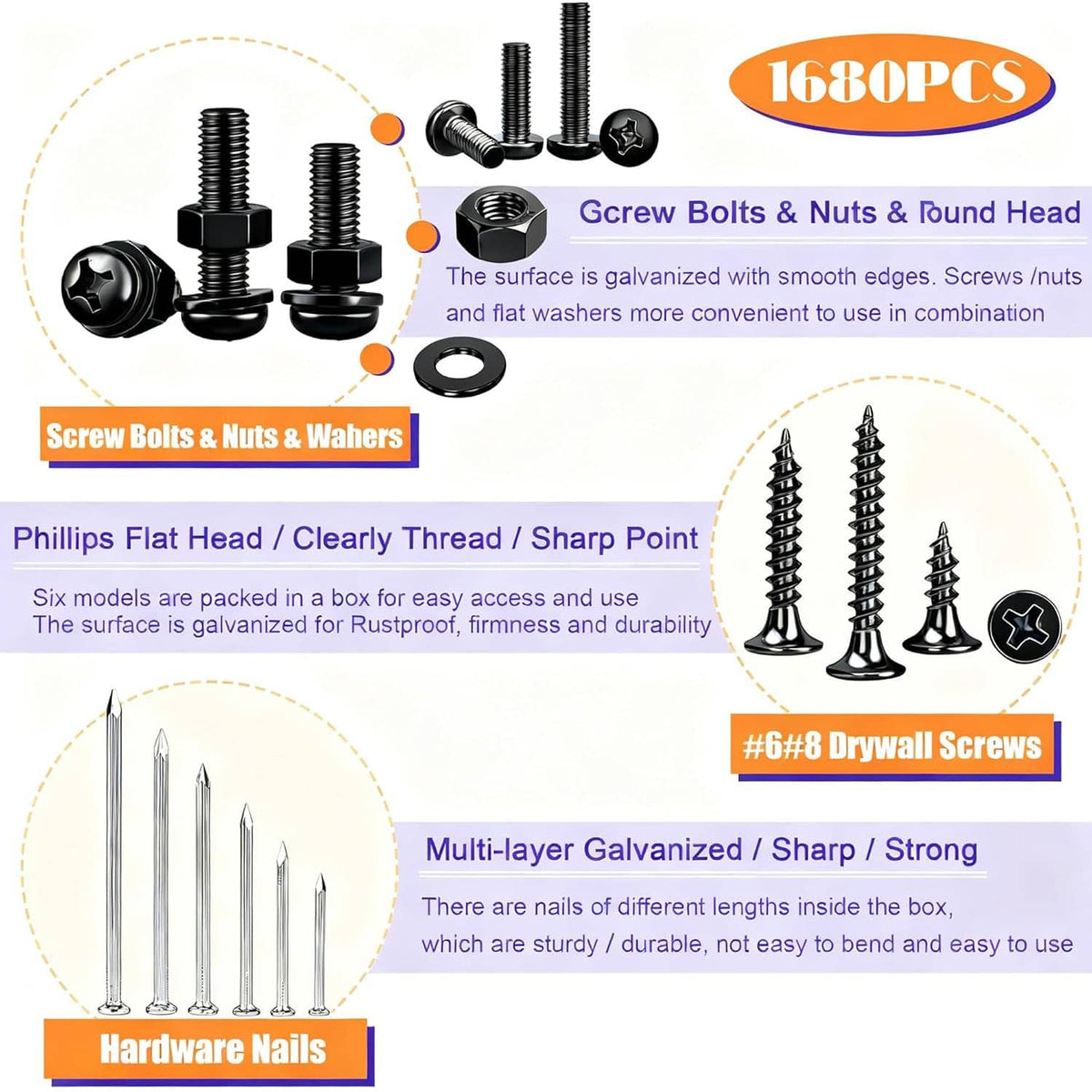 Hardware nails and bolts assortment set with black screws and galvanized nails in tray