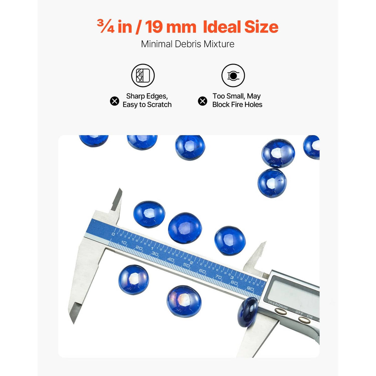 Cobalt blue round fire pit glass rocks beside a ruler for size reference