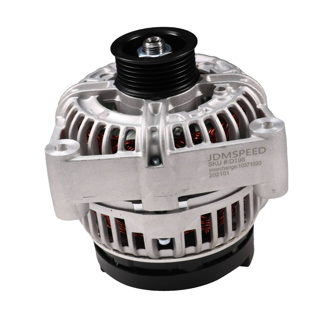 Engine alternator with black pulley and vented silver housing, front view