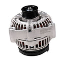 Engine alternator with black pulley and vented silver housing, front view