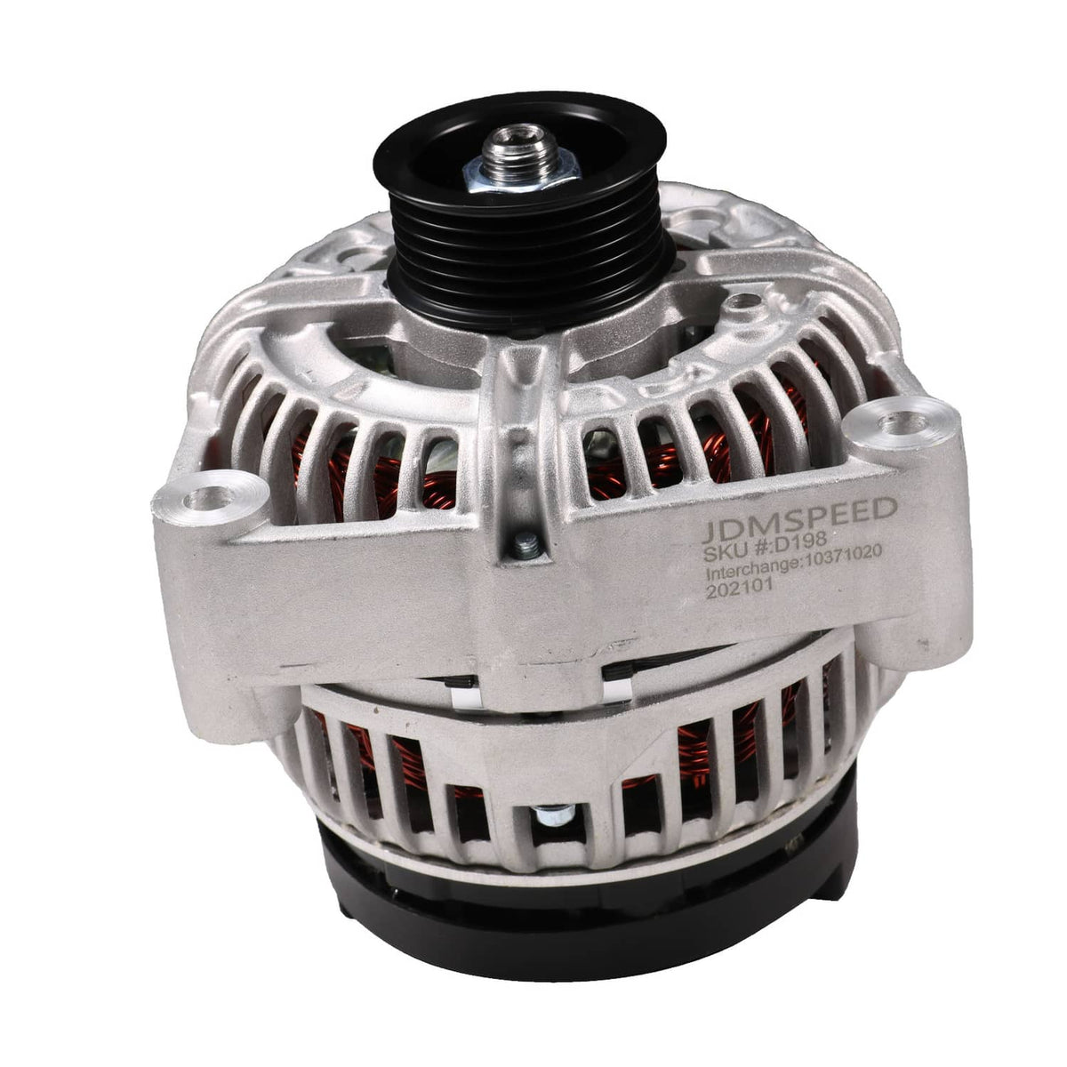 Engine alternator with black pulley and vented silver housing, front view