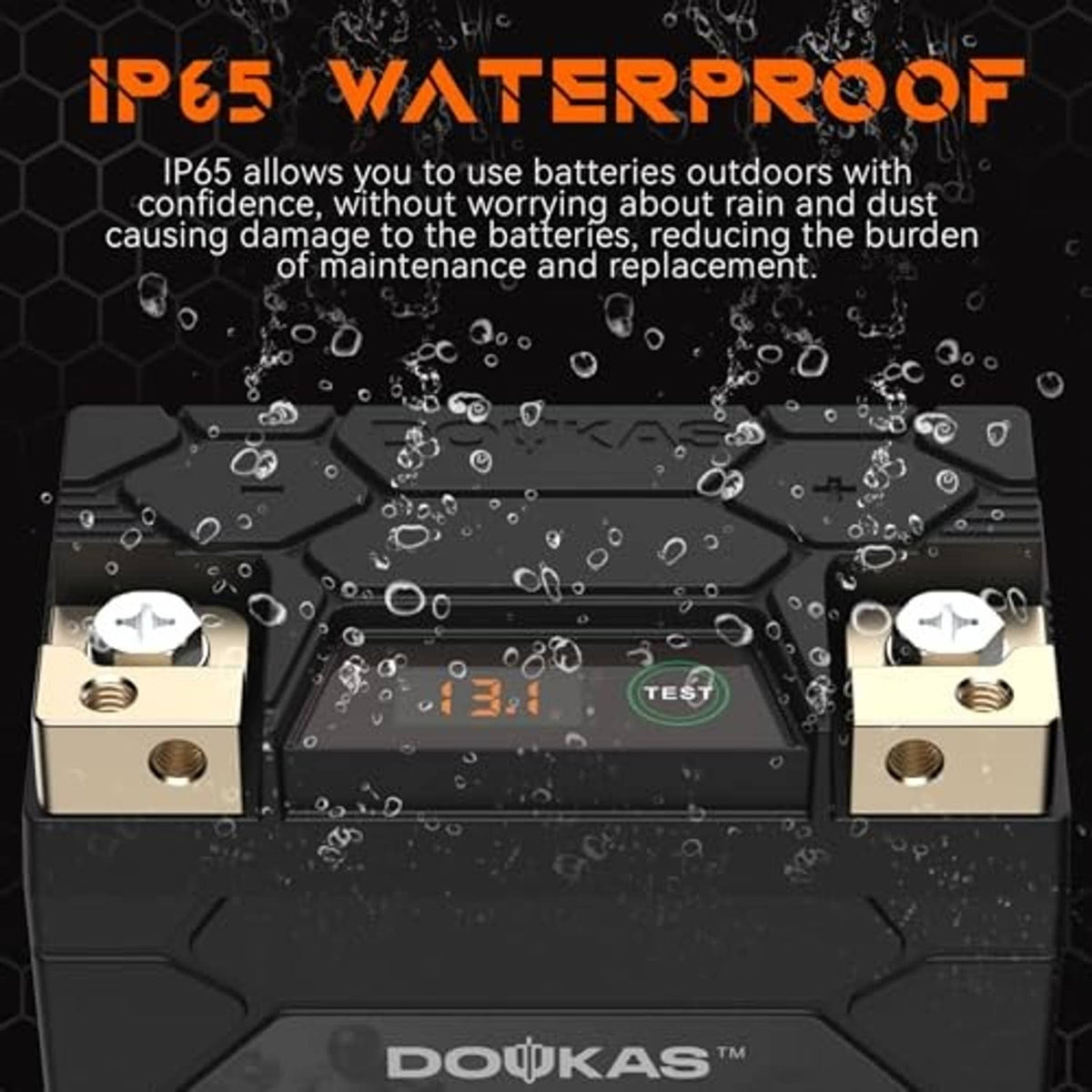 Water-resistant black LiFePO4 motorcycle battery with gold terminals and water droplets