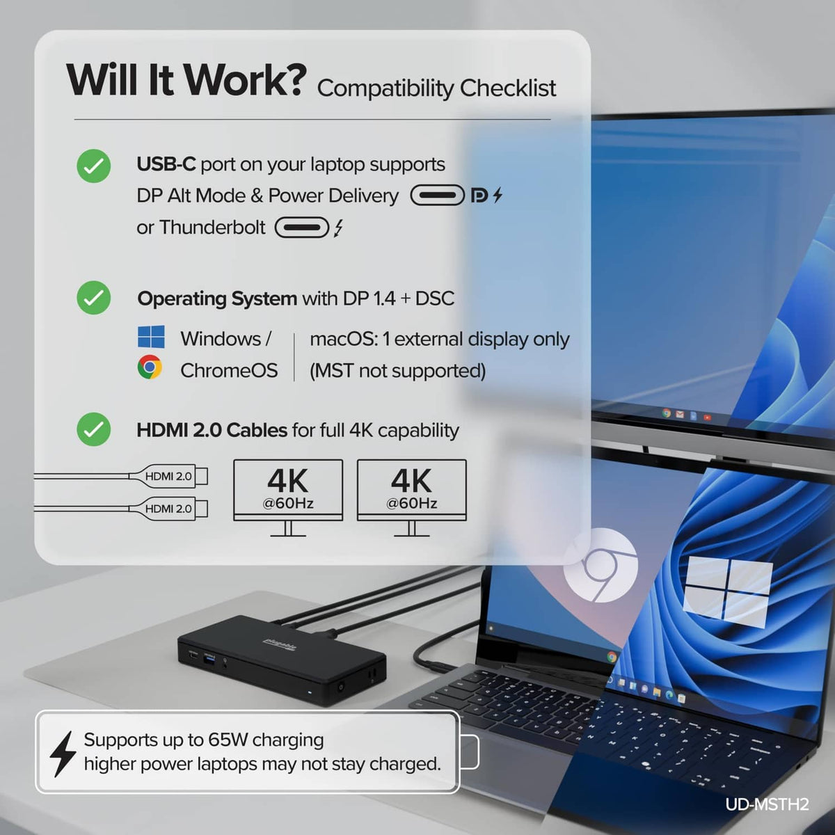 Black USB-C docking station with compatibility checklist and connected laptop