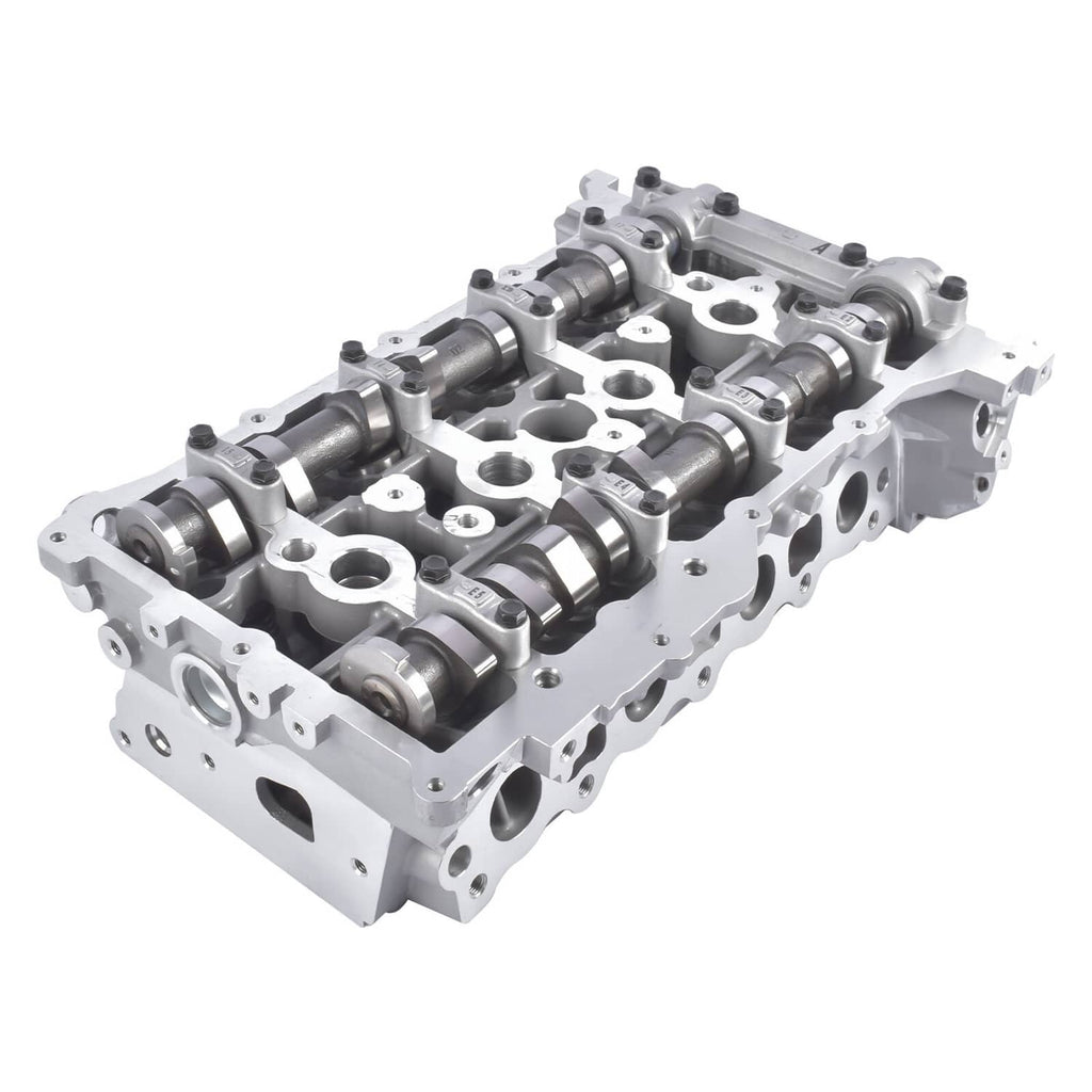 Aluminum cylinder head with multiple camshaft lobes and valve seat openings.