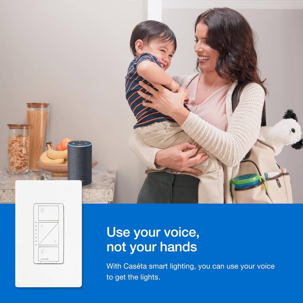 White smart dimmer wall switch near a voice-controlled smart home speaker