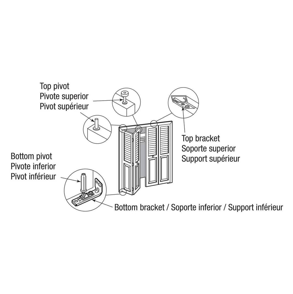 Bi-fold door hardware repair kit installation diagram showing top and bottom brackets