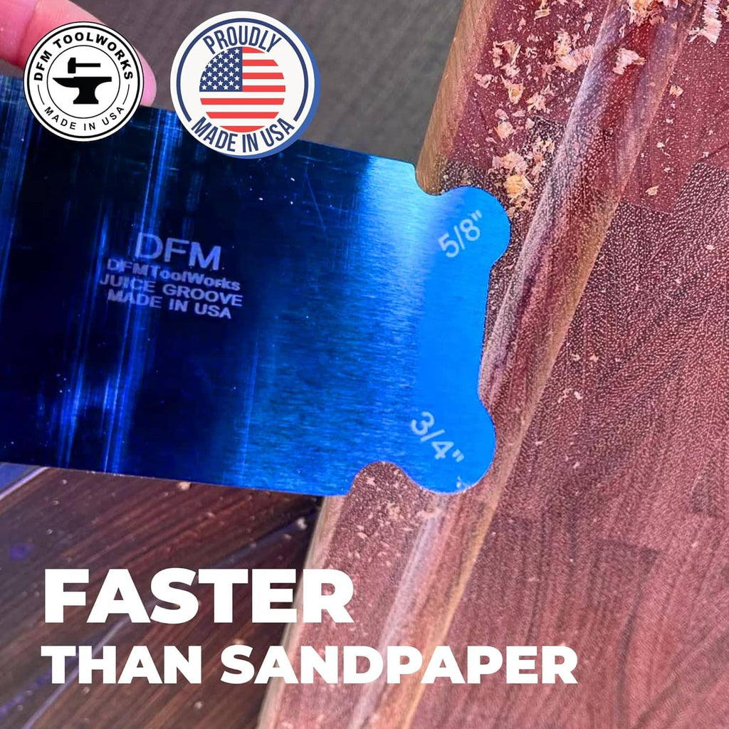 Blue curved cabinet scraper card near wood surface, with 3/4 and 5/8 markings