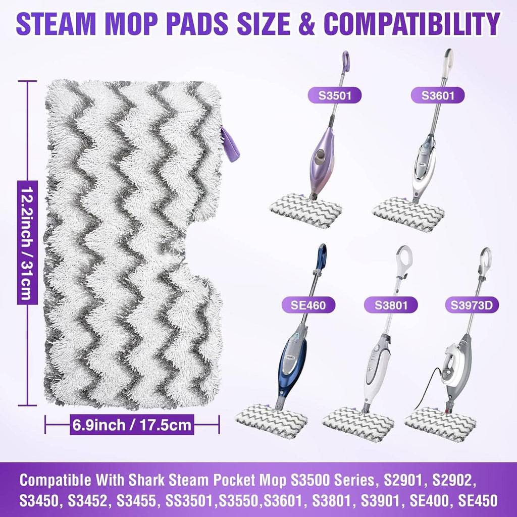 Zigzag microfiber steam mop pad with purple side tabs, shown with steam mop heads