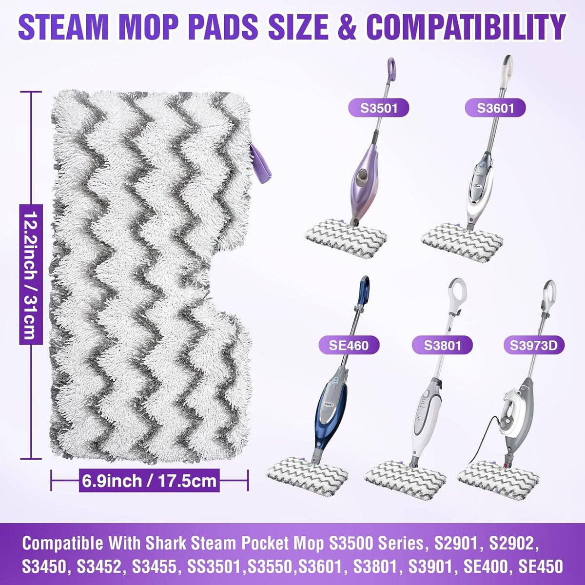 Zigzag microfiber steam mop pad with purple side tabs, shown with steam mop heads