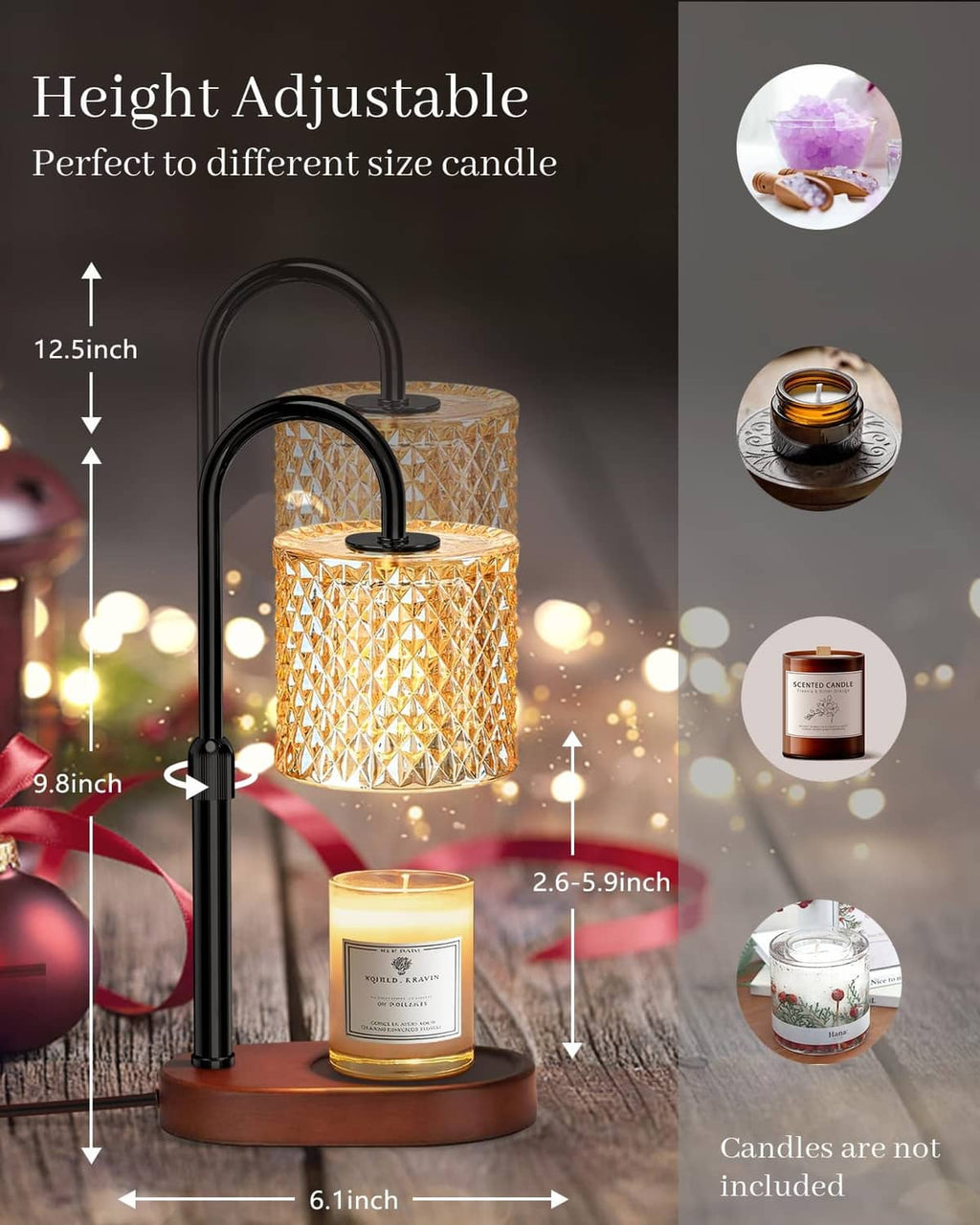 Black candle warmer lamp with diamond glass shade and lit jar candle on wooden base