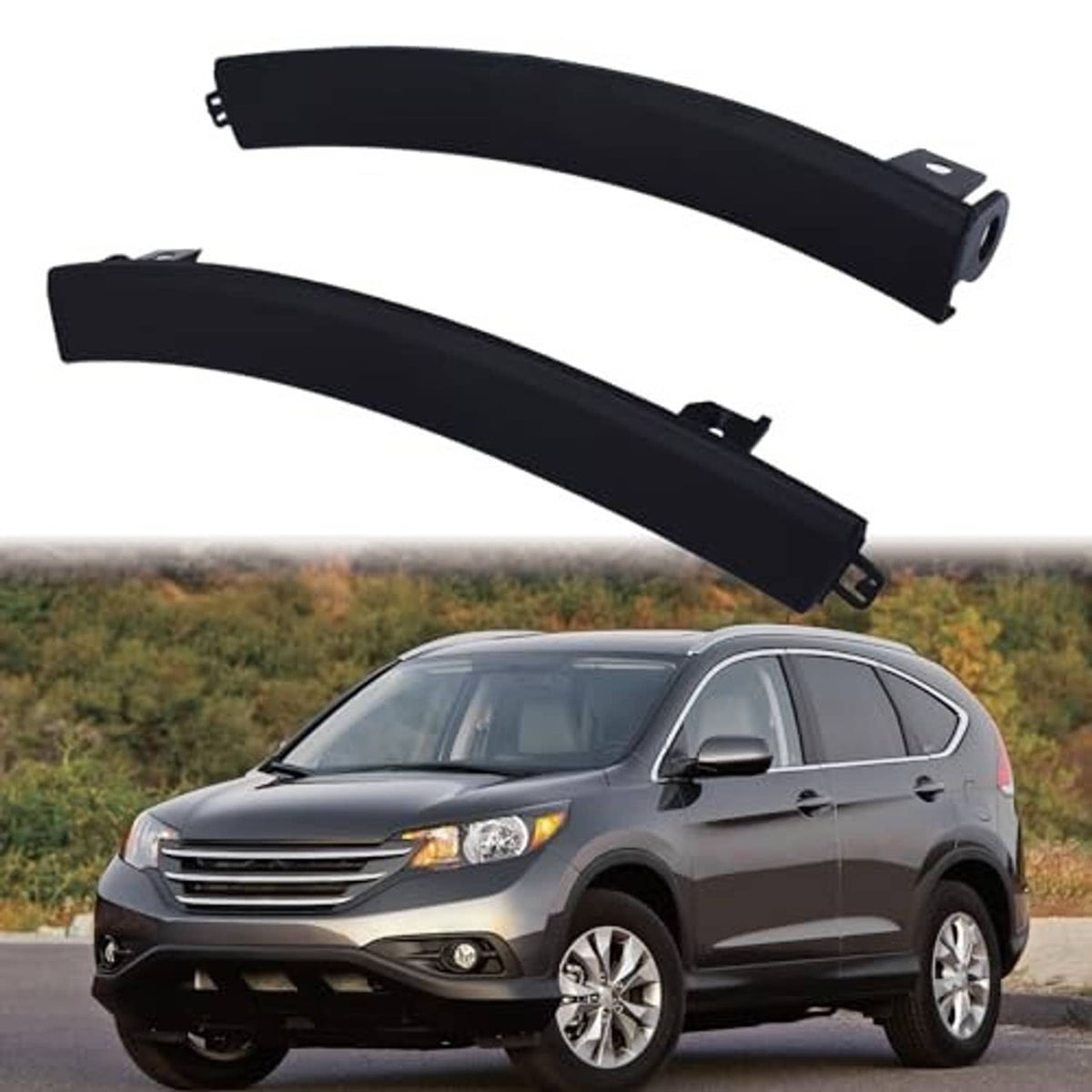 Two black front bumper filler trims held above a vehicle’s front bumper area