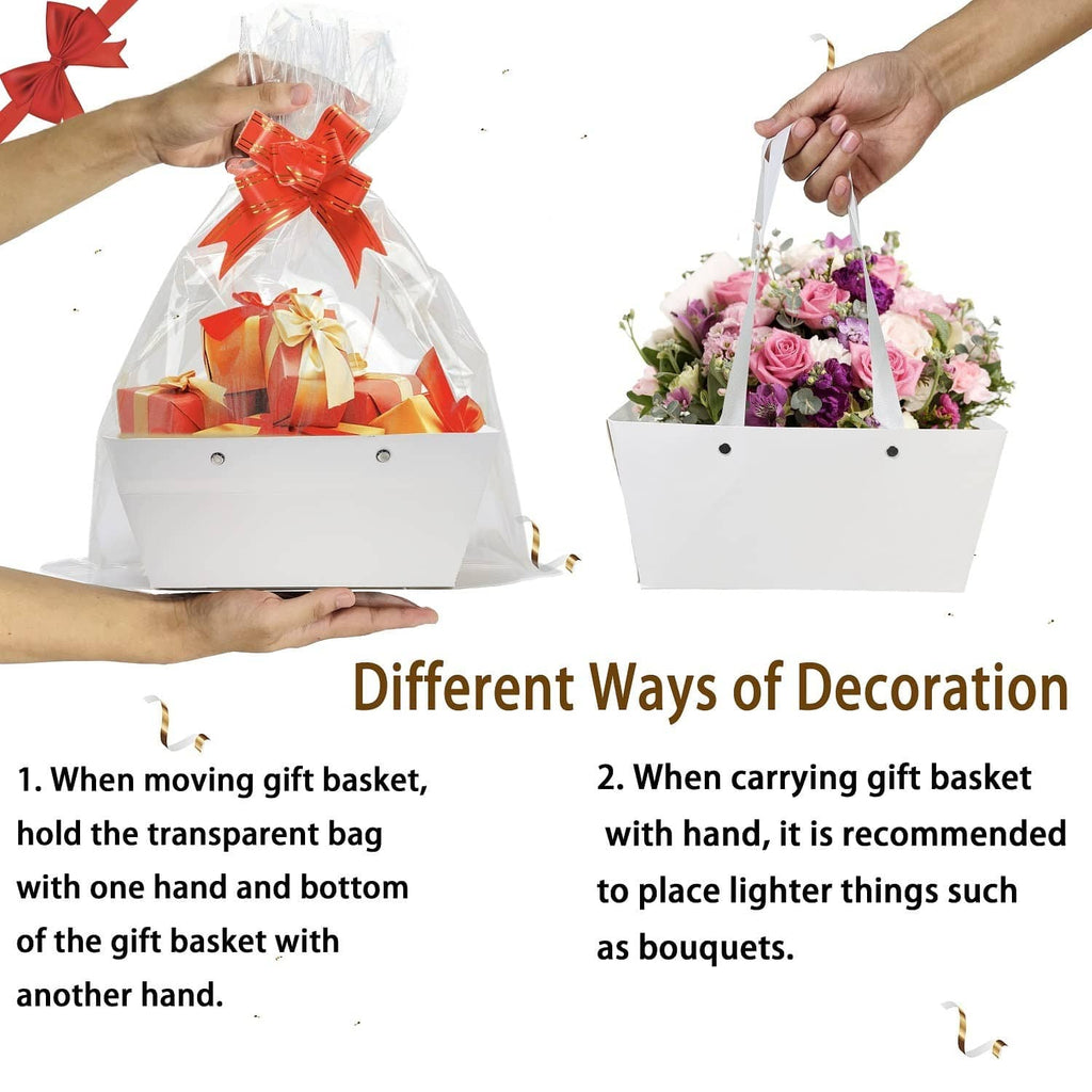 White gift basket with clear bag wrap and red bow, held by hands