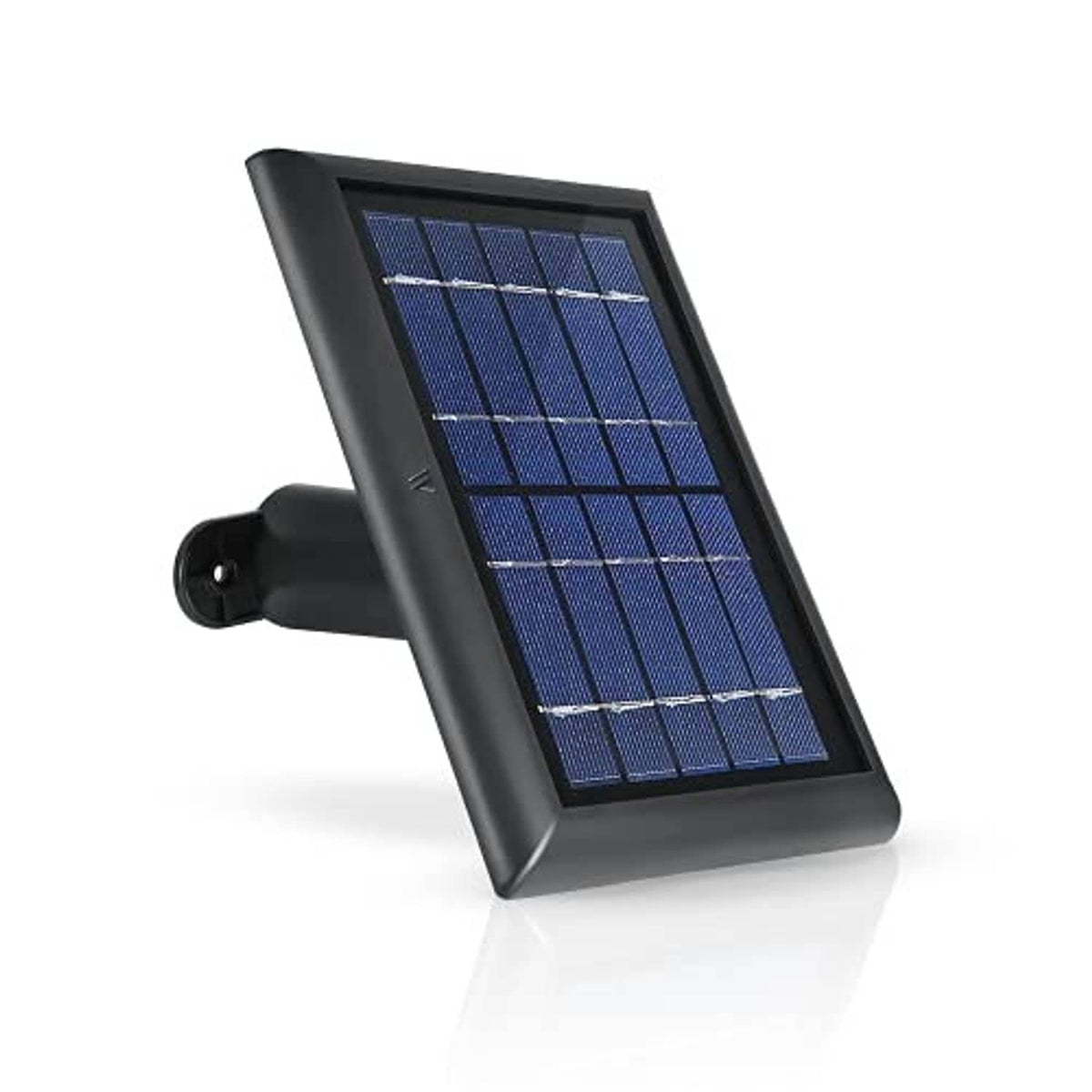 Black solar panel with angled wall bracket, showing blue photovoltaic cell grid