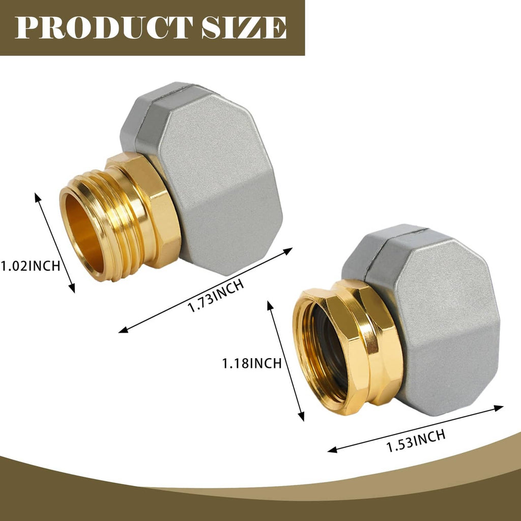 Hex garden hose connector adapter with gray body and gold threaded male and female ends