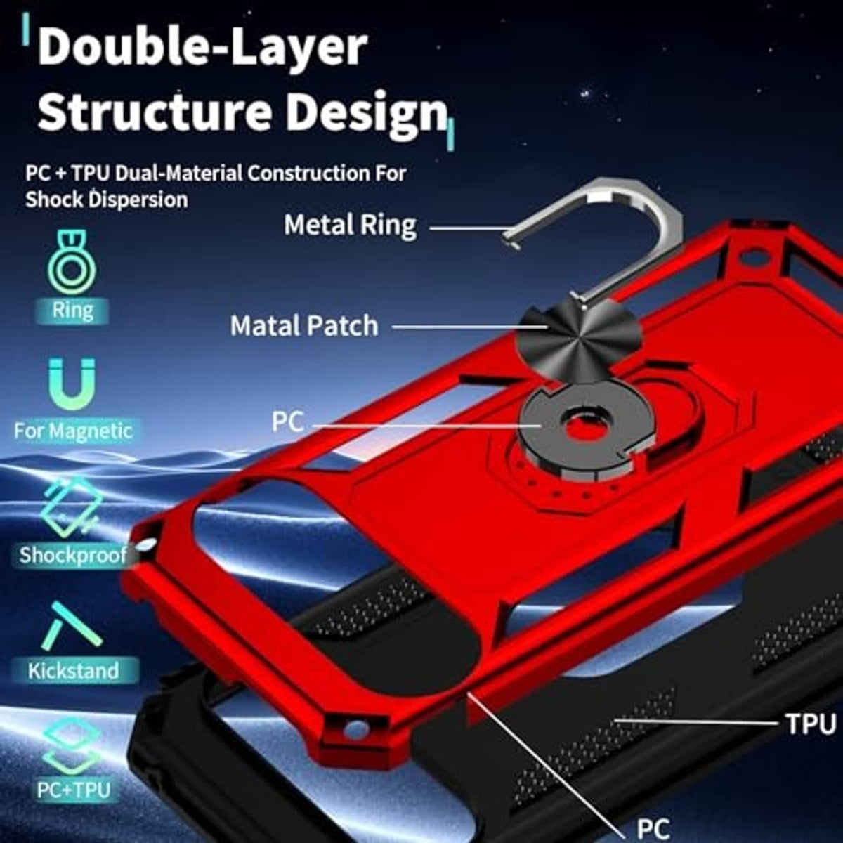 Red rugged dual-layer phone case with metal ring and textured grip panels on the back