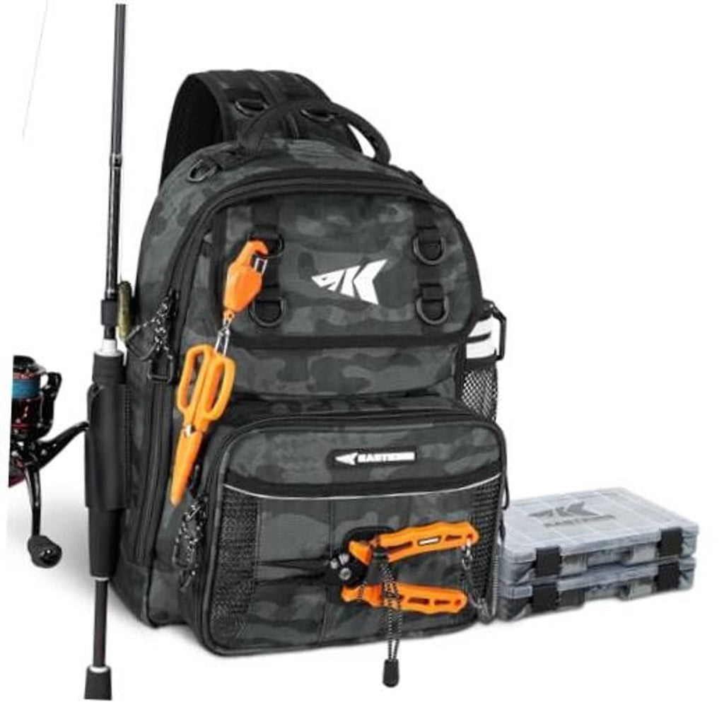 Large black camo fishing sling bag with clear front pockets and orange lures