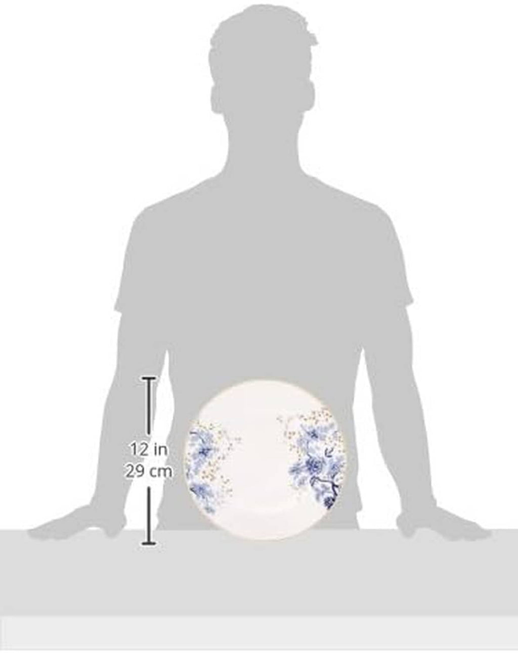 Porcelain place setting size diagram showing cup and plate proportions on a silhouette