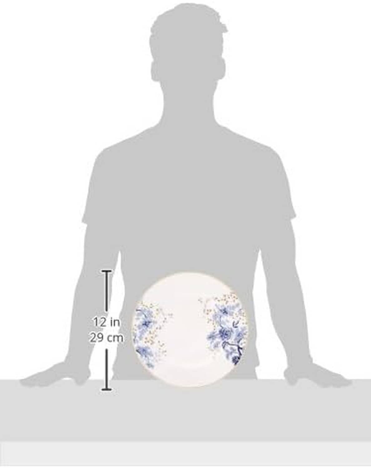 Porcelain place setting size diagram showing cup and plate proportions on a silhouette