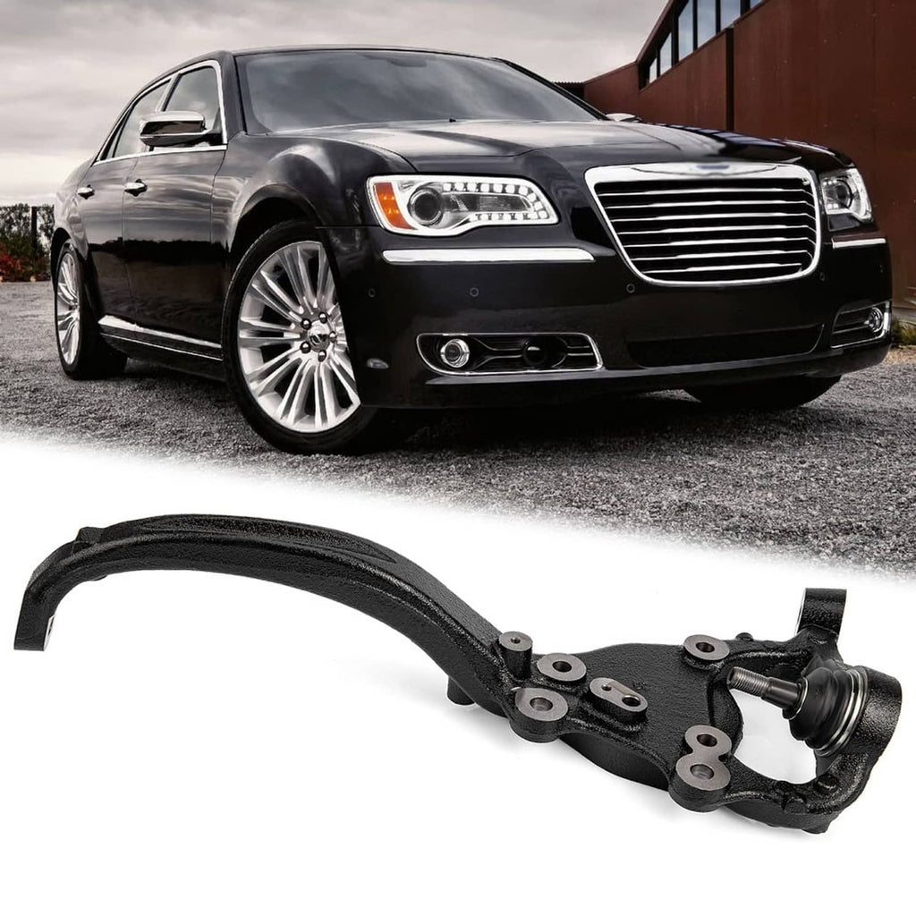 Front right steering knuckle with curved tie-rod arm and mounting holes, black