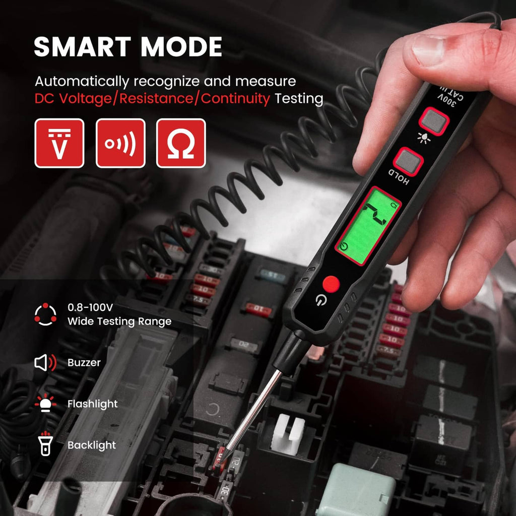 Smart automotive test light held in hand with green LCD voltage/resistance screen