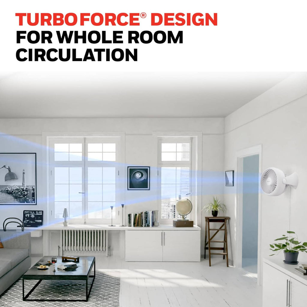 White tabletop fan with front grille facing forward for whole-room circulation
