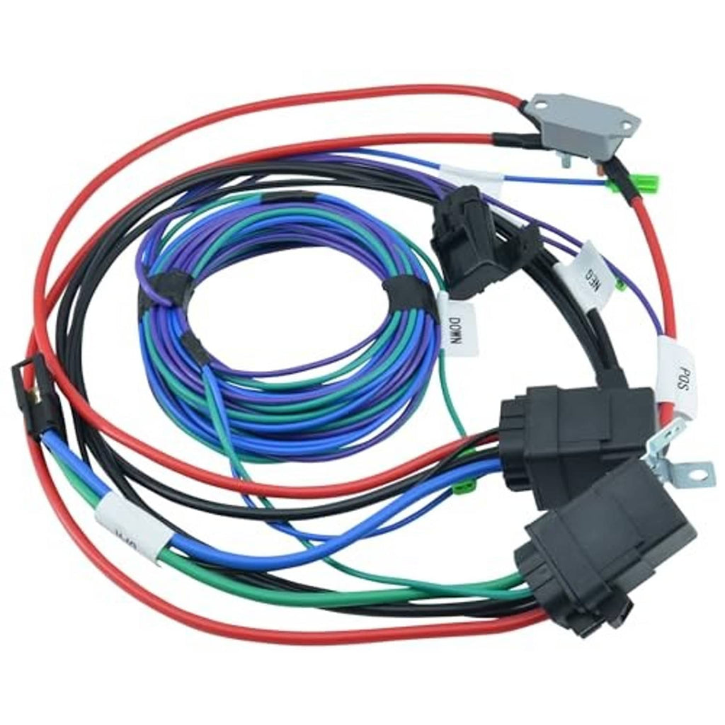 Wiring cable harness kit with red cable leads, multicolor wires, and black multi-connector blocks