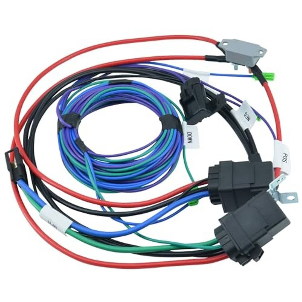 Wiring cable harness kit with red cable leads, multicolor wires, and black multi-connector blocks