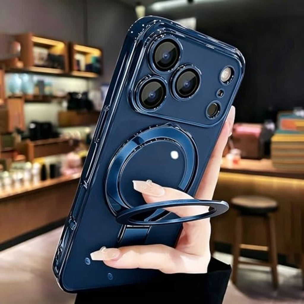 Blue magnetic phone case with ring holder and side strap for grip