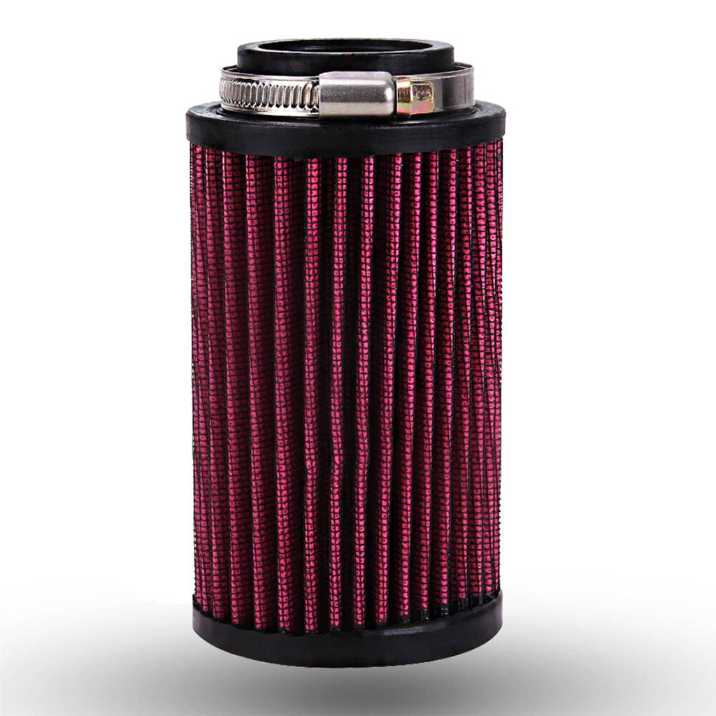 Red and black air filter cartridge with metal clamp and pleated mesh surface