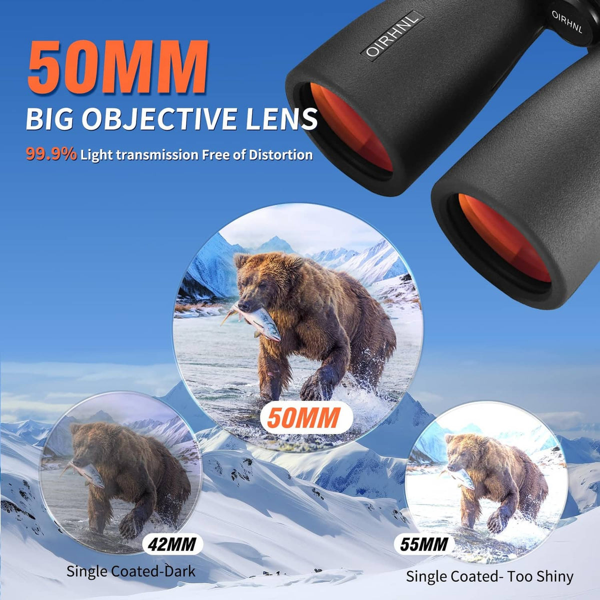 Binoculars with large 50mm objective lenses and red-tinted internal viewing