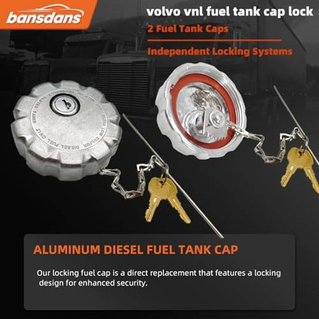Diesel fuel tank caps with chains and keys, silver aluminum caps and red sealing ring