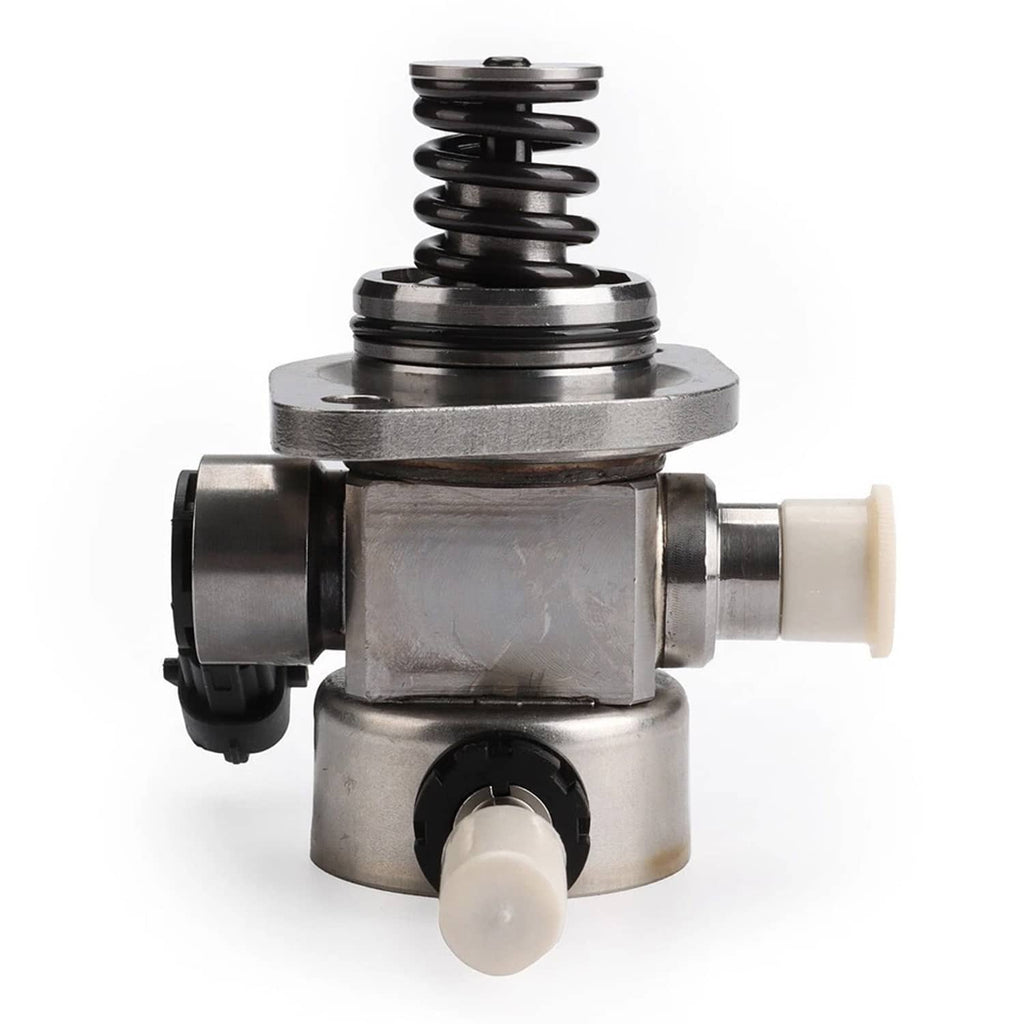 High-pressure fuel pump with metal body, inlet port, and white plastic connector