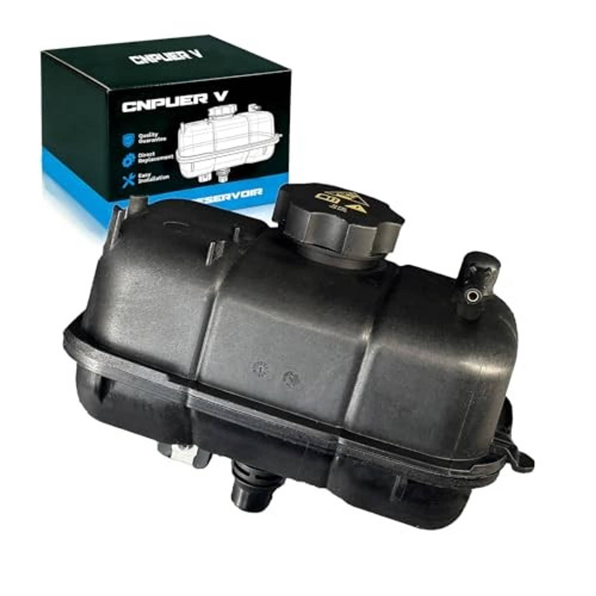 Coolant reservoir tank with cap, black plastic unit in front three-quarter view