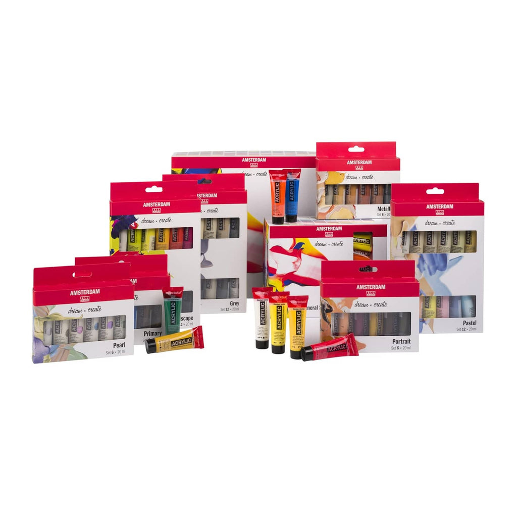 Assorted Amsterdam Standard Series acrylic paint sets in red retail boxes