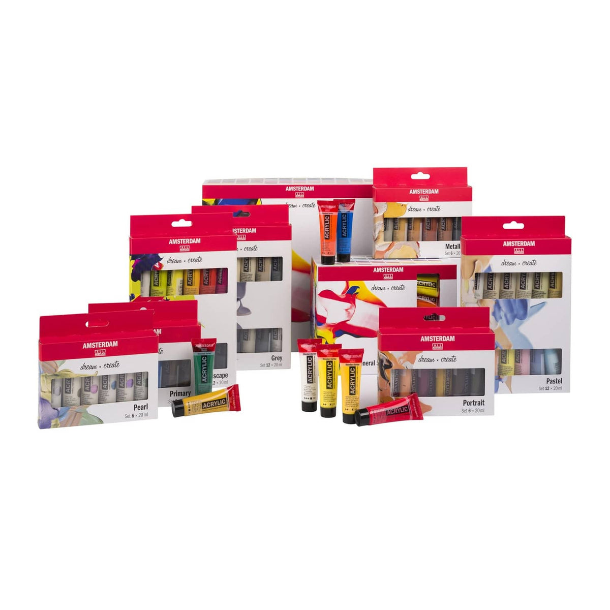Assorted Amsterdam Standard Series acrylic paint sets in red retail boxes