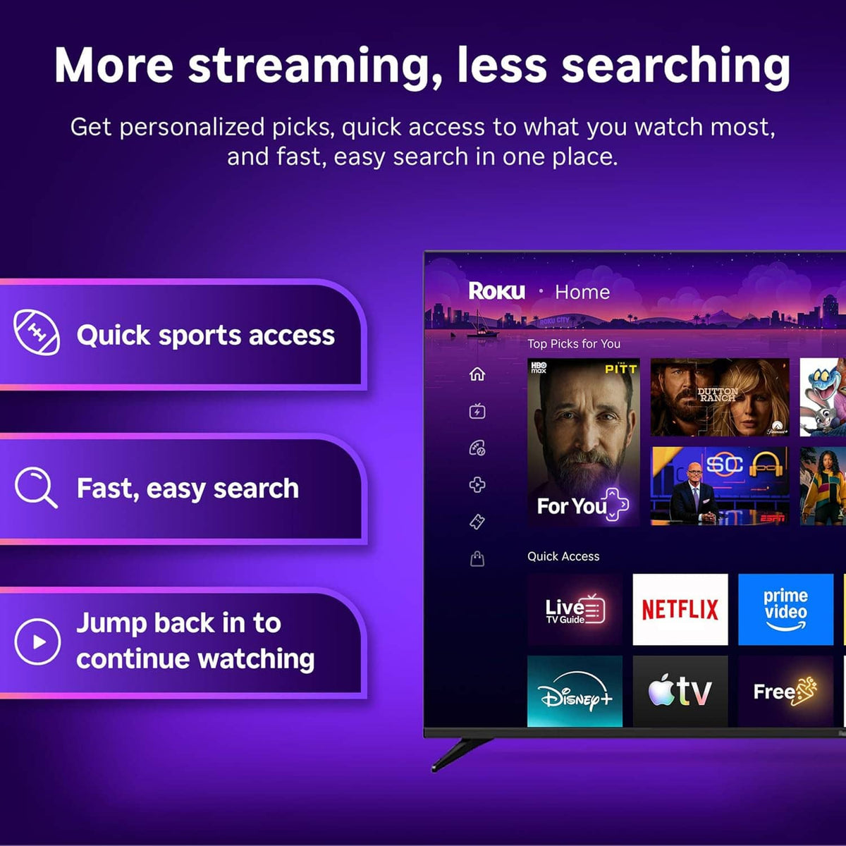 TV home screen with Roku streaming shortcuts and search interface