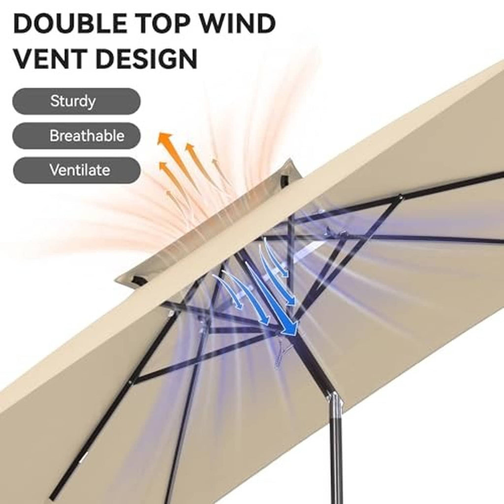 Beige rectangular double-top patio umbrella with vented canopy for airflow