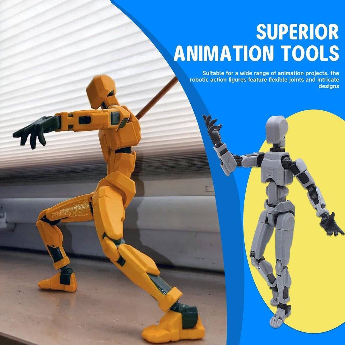 Orange and grey articulated mobile robot action figures with flexible arms