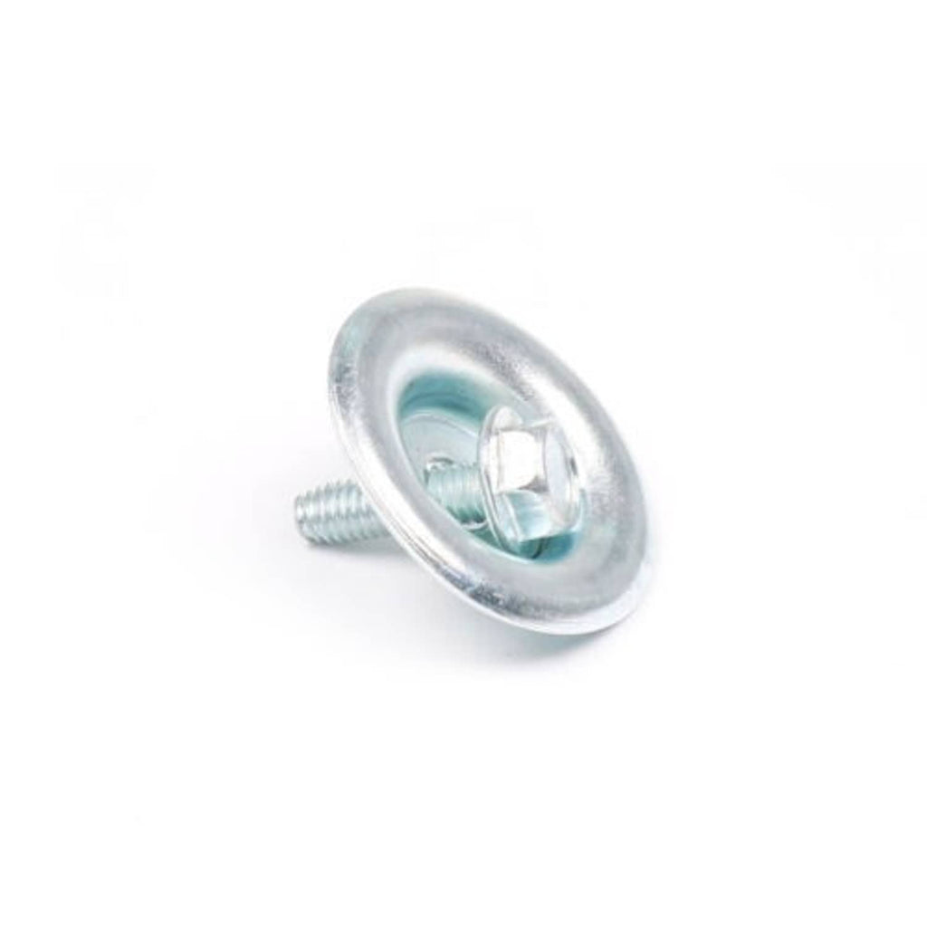 Galvanized skid plate bolt with round washer and center hole, side view