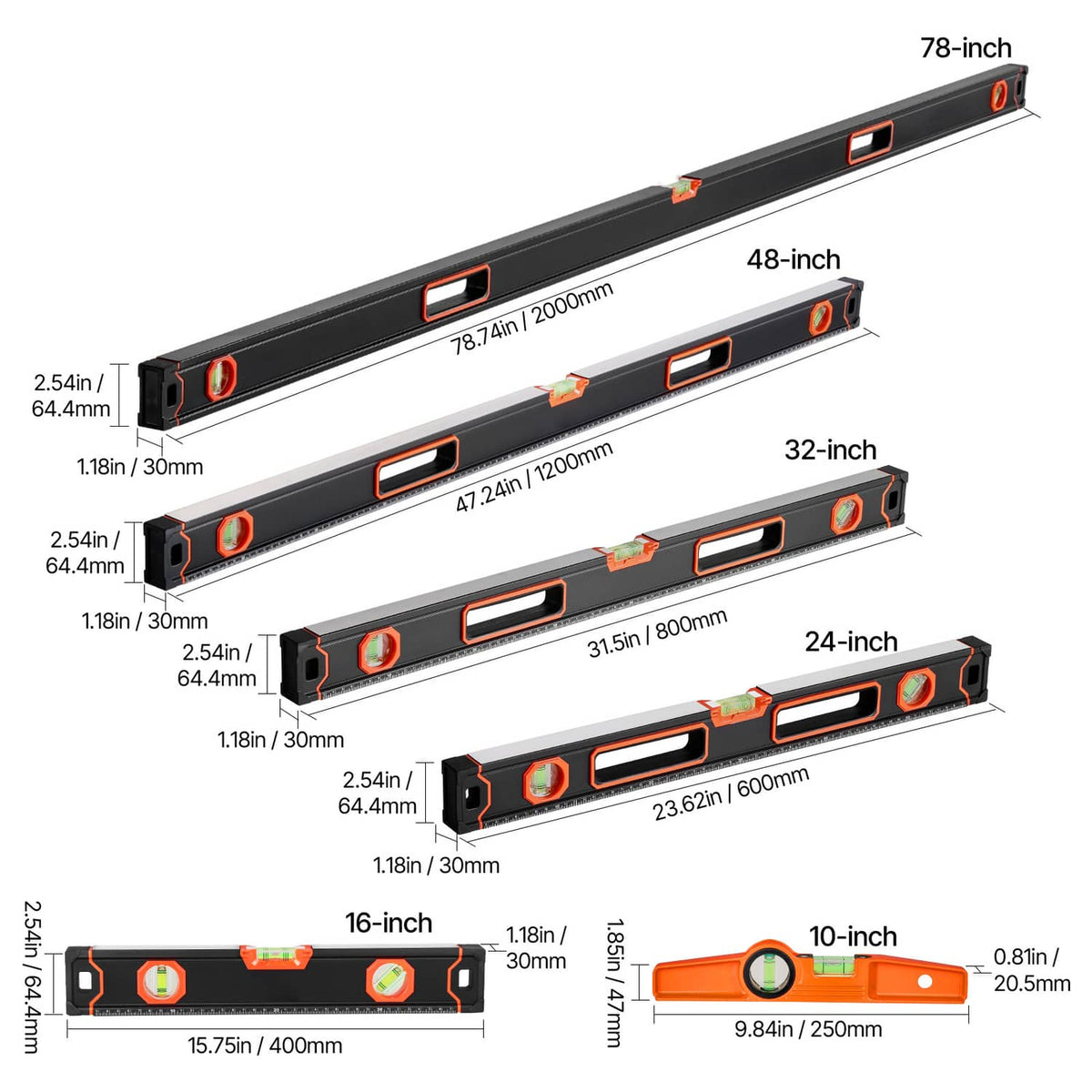 Six torpedo levels laid out with orange vials in black bodies, labeled lengths