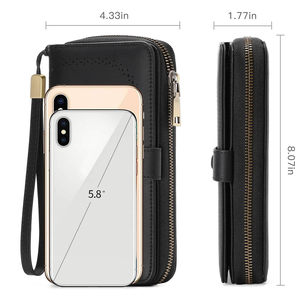Black leather card wallet with detachable strap; front view and slim side profile