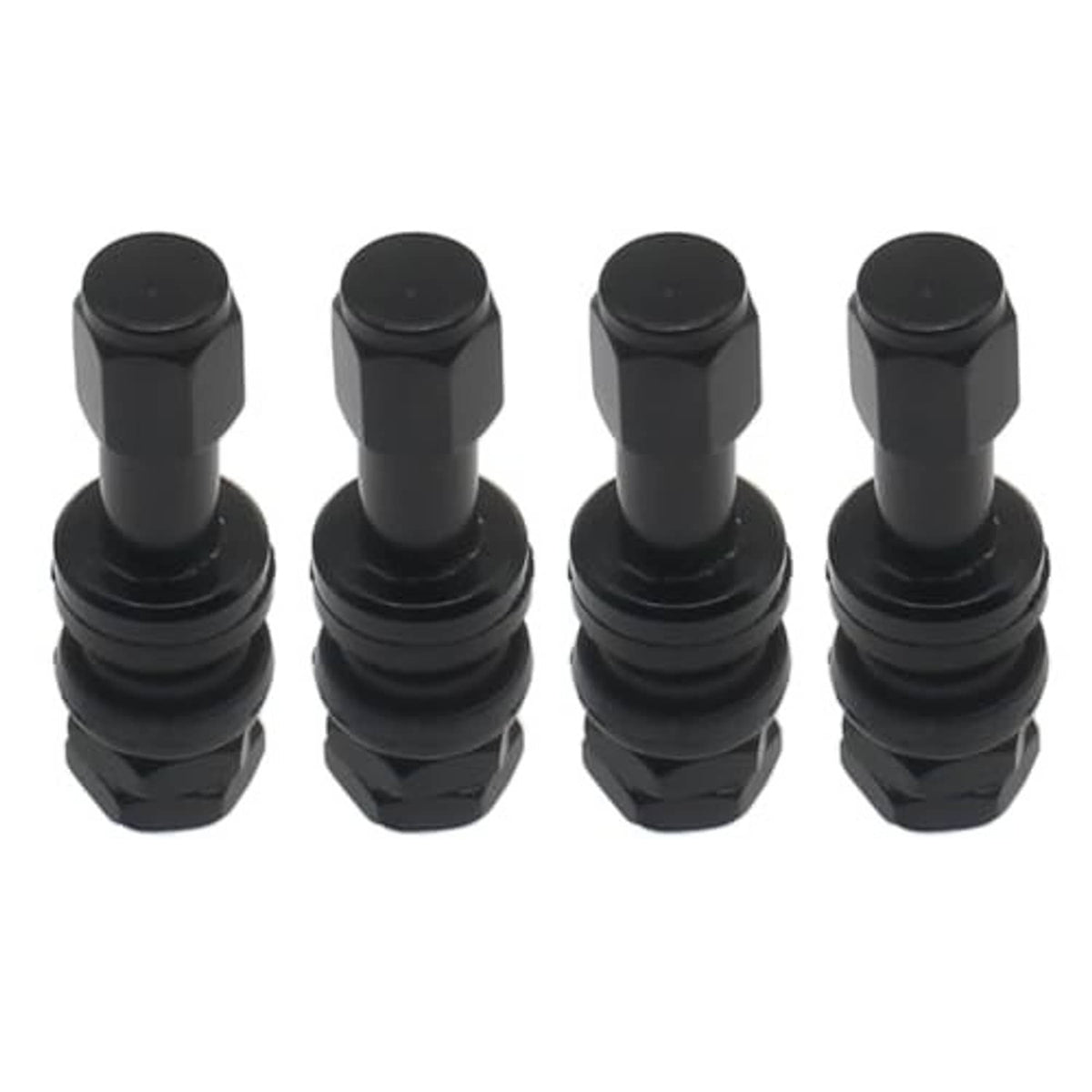 Black valve stem set with four hex caps and ribbed rubber bases