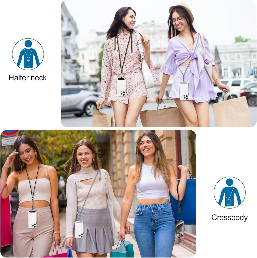 Phone lanyards styled for crossbody and halter neck wear, with small phone pouch
