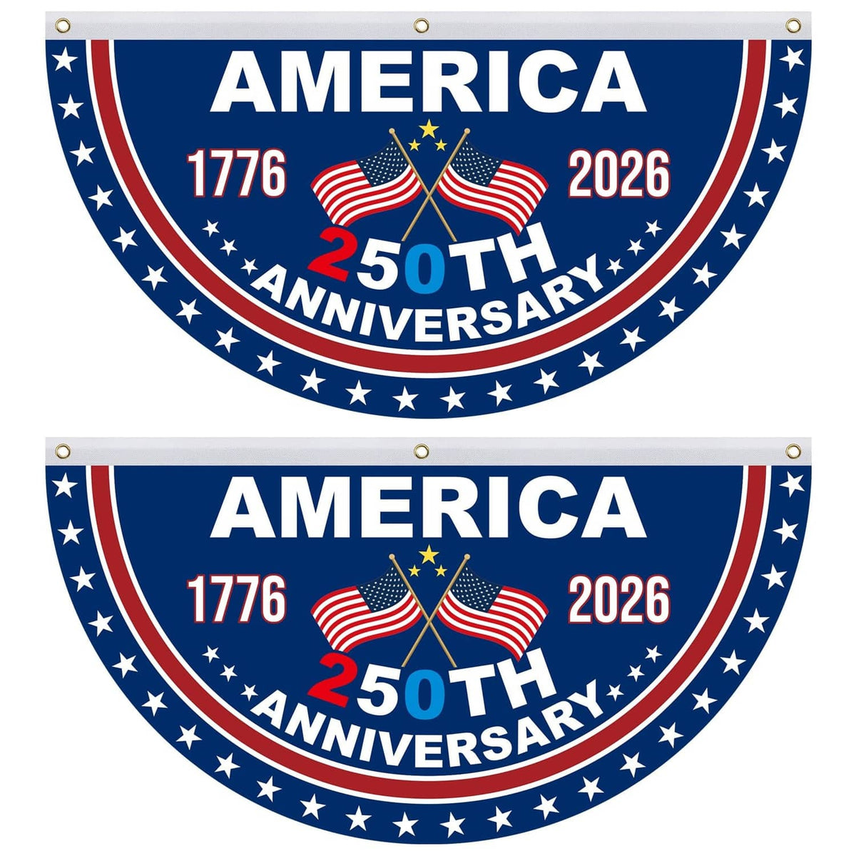USA 250th anniversary bunting set: two blue semicircle banners with America 1776 2026