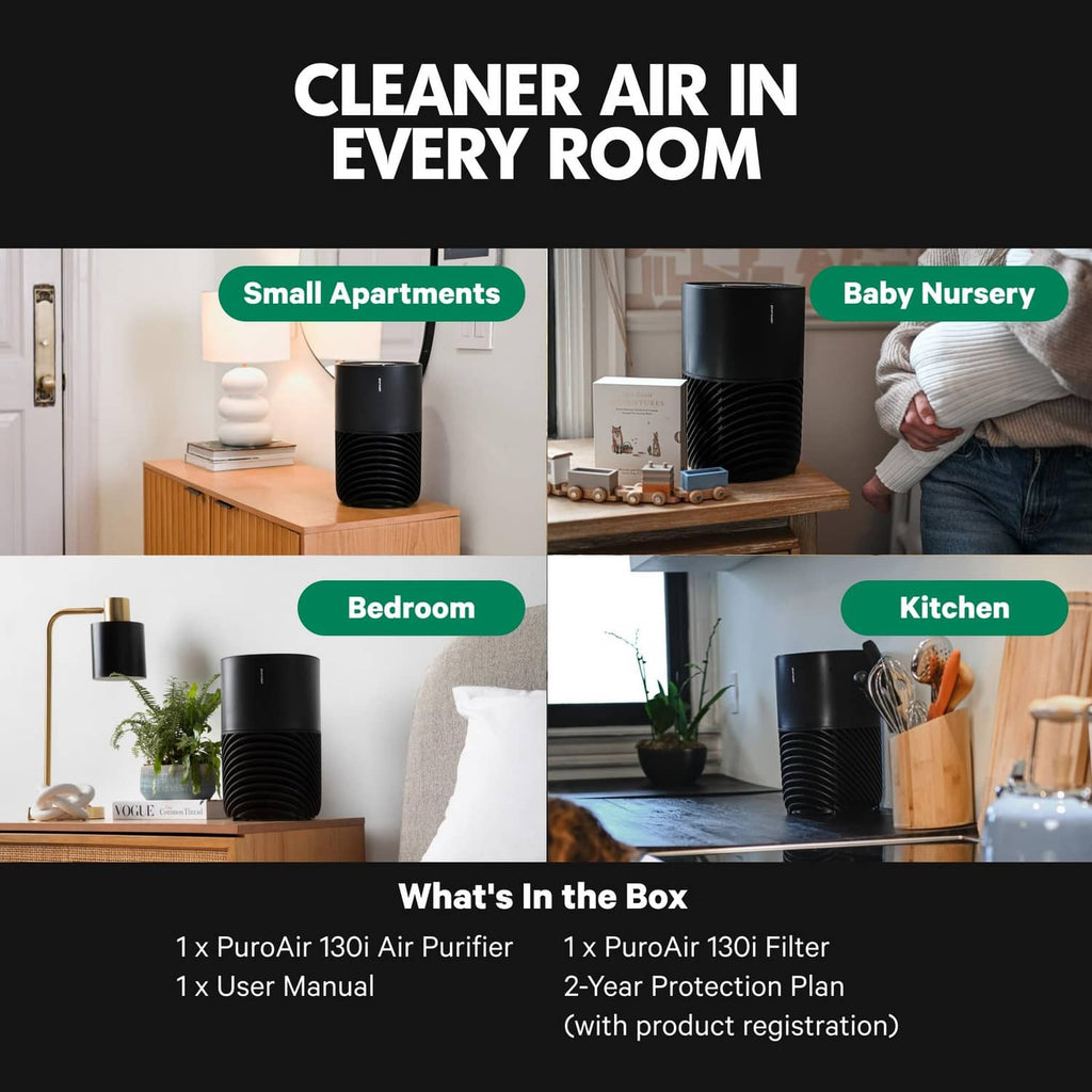 Black air purifier shown in room settings with different placement angles