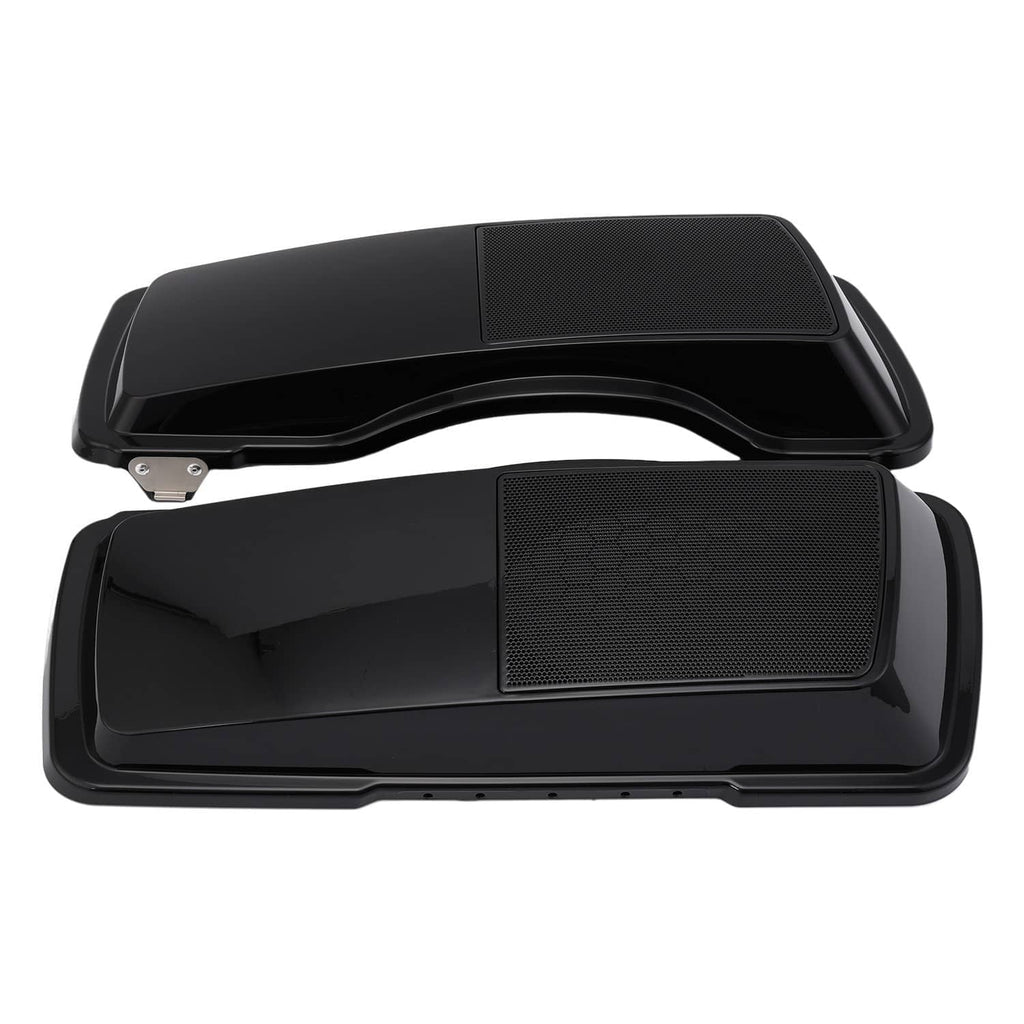 Black hard saddlebag speaker covers installed, featuring a textured front grille panel