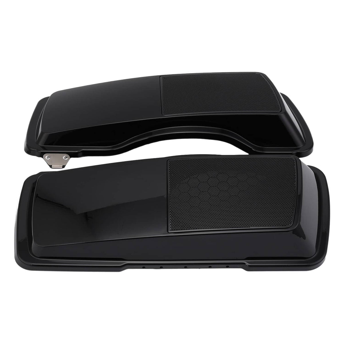 Black hard saddlebag speaker covers installed, featuring a textured front grille panel